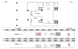 JR／稲城長沼駅／高架下りホーム／№1駅看板・駅広告、位置図