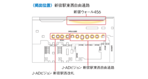 JR／新宿駅／J・ADビジョン 新宿駅東西自由通路 1社ジャック放映№1駅デジタルサイネージ・駅広告、位置図