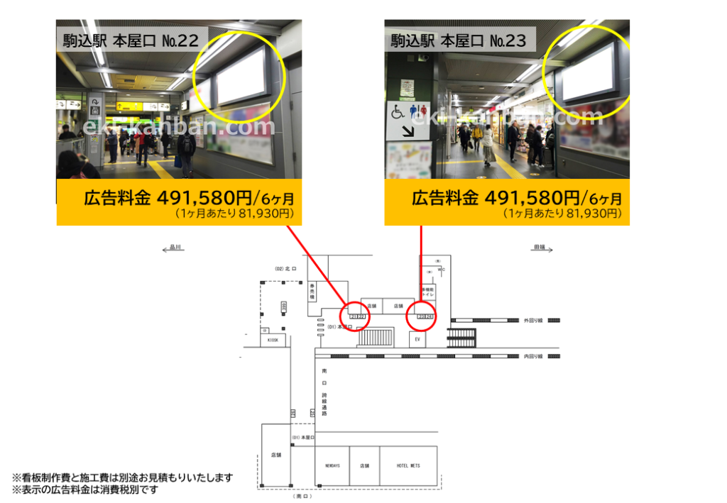 JR駒込駅の南口と北口の広告料金と位置を記した資料です