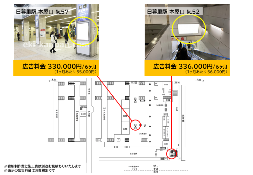 JR日暮里駅の改札コンコースの広告料金と位置を記した資料です