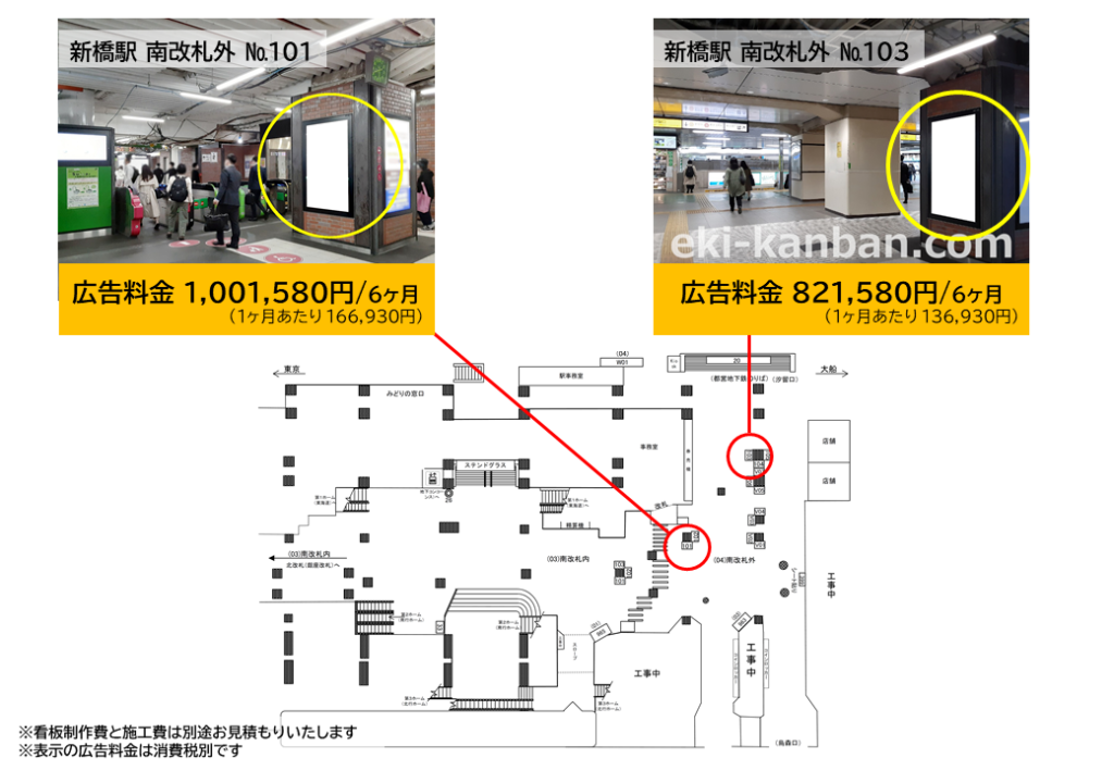JR新橋駅の南改札付近にある広告の料金と位置を記した資料です
