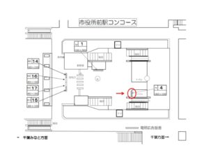 千葉都市モノレール　市役所前駅／ラチ内正面壁／№4駅看板・駅広告、位置図