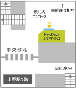 JR／上野駅／NewDaysビジョン上野（1社ジャック）№1駅デジタルサイネージ・駅広告、位置図