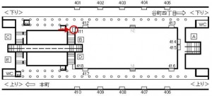 Osaka／Metro（大阪メトロ）　堺筋本町駅／中央線№1-411№411、位置図